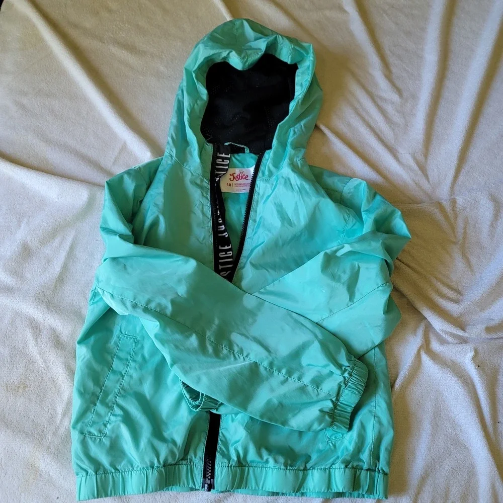 Justice Girls Size L‎ 10 Aqua Blue Zip-Up Hoodie Jacket Elastic Bottom/Cuffs